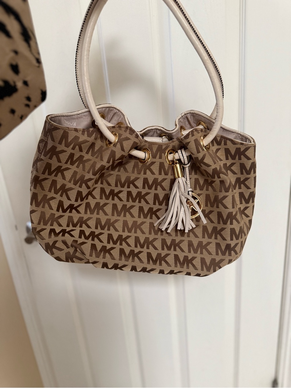 Michael Kors Tan/Brown MK Logo Shoulder Bag with Tassel